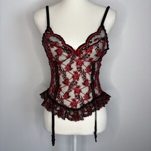 NAN FLOWER Vtg Black Satin‎ Lace Mesh Ruffle Cami Top Corset Garter Belt USA